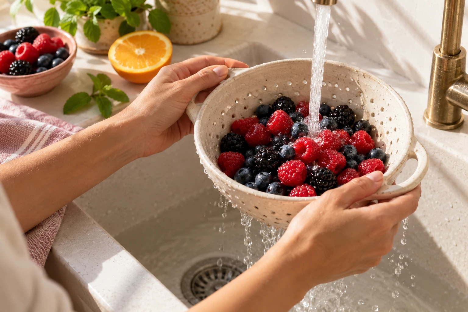 Manos lavando frutos rojos en una cocina luminosa