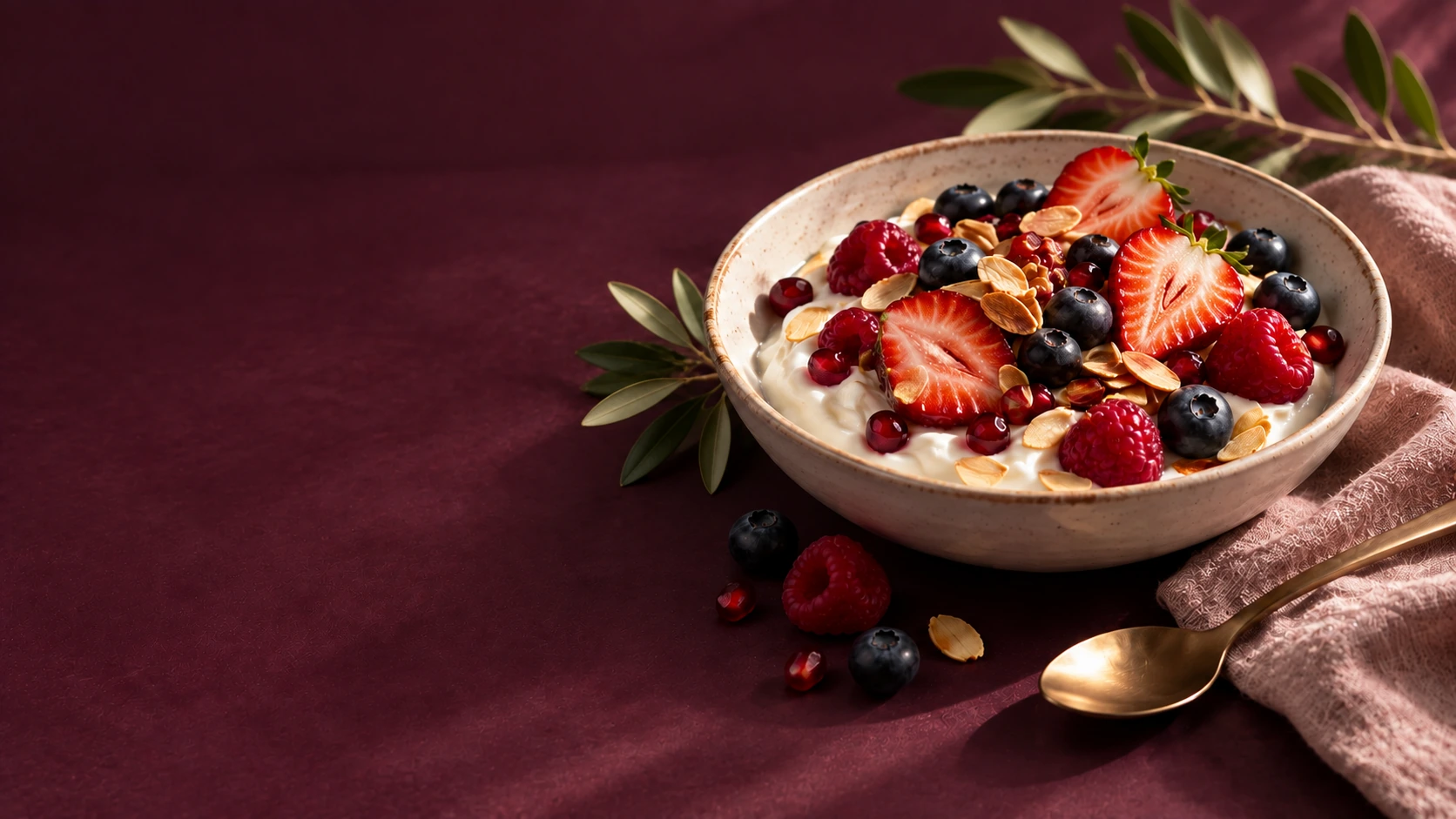 Bowl de yogur con frutillas, frutos rojos y almendras, acompañado de ramas de olivo