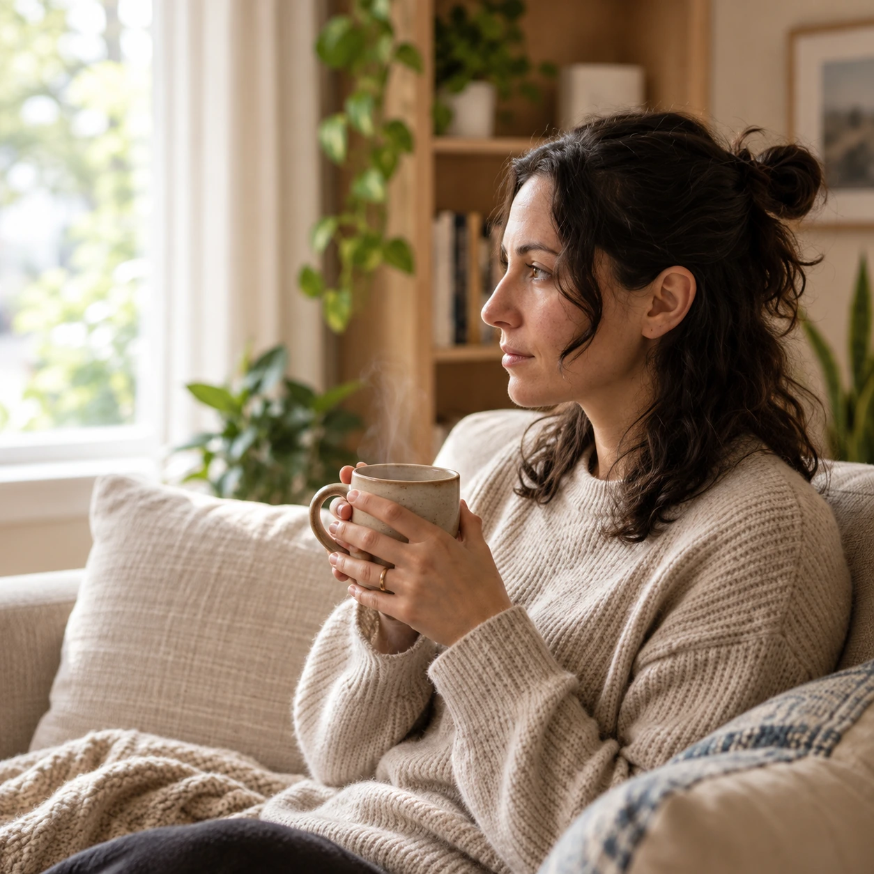 Una mujer pensativa con una taza junto a una ventana