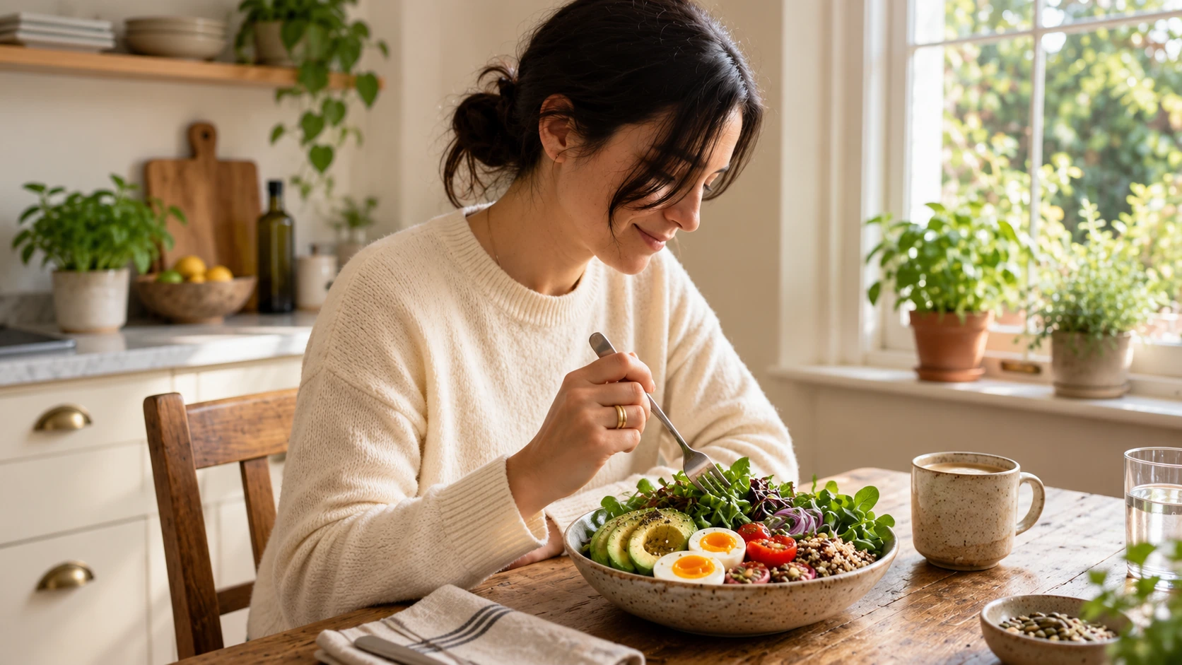 Una mujer disfrutando una comida con alimentos frescos en su cocina