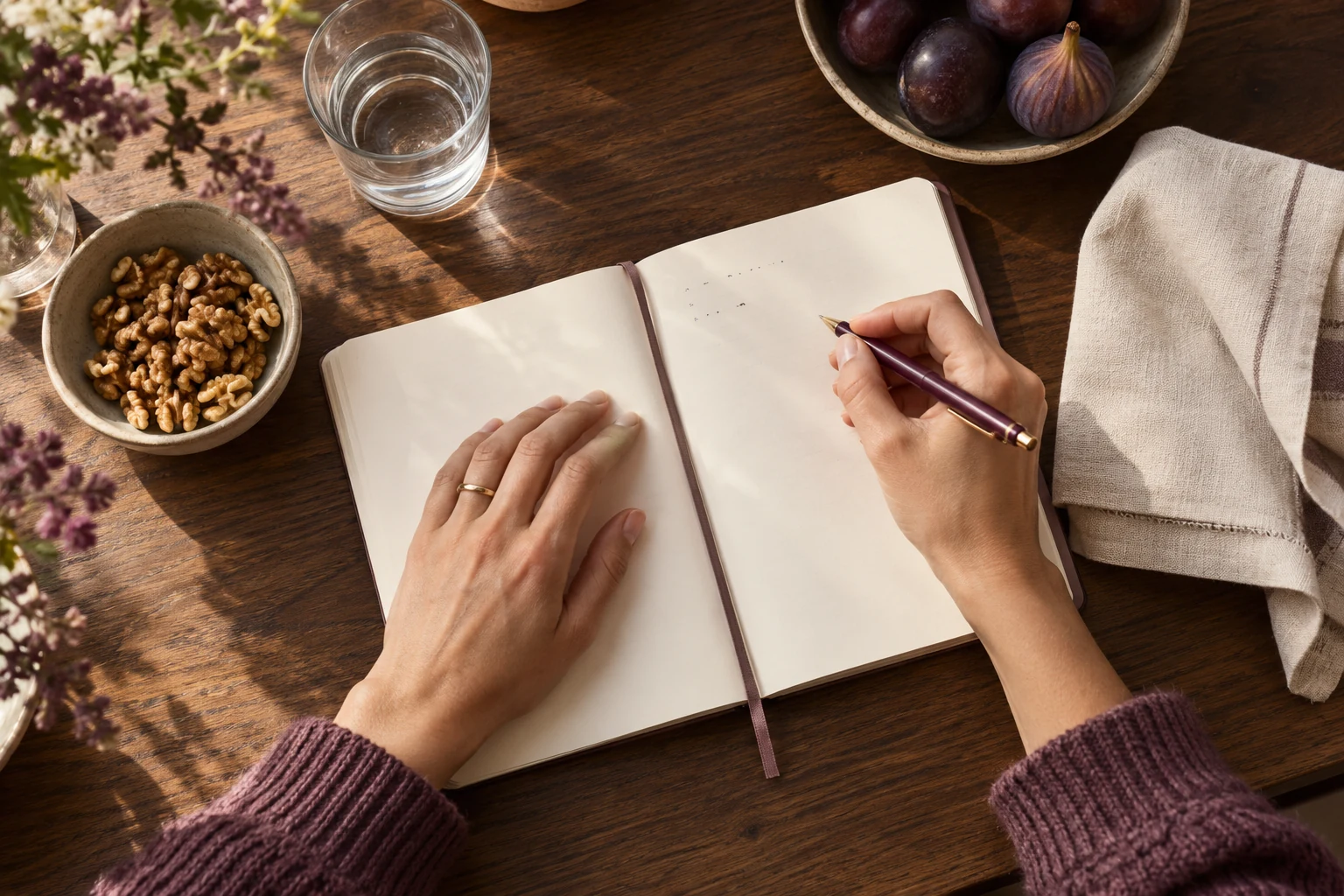 Manos organizando un cuaderno de planificación sobre una mesa