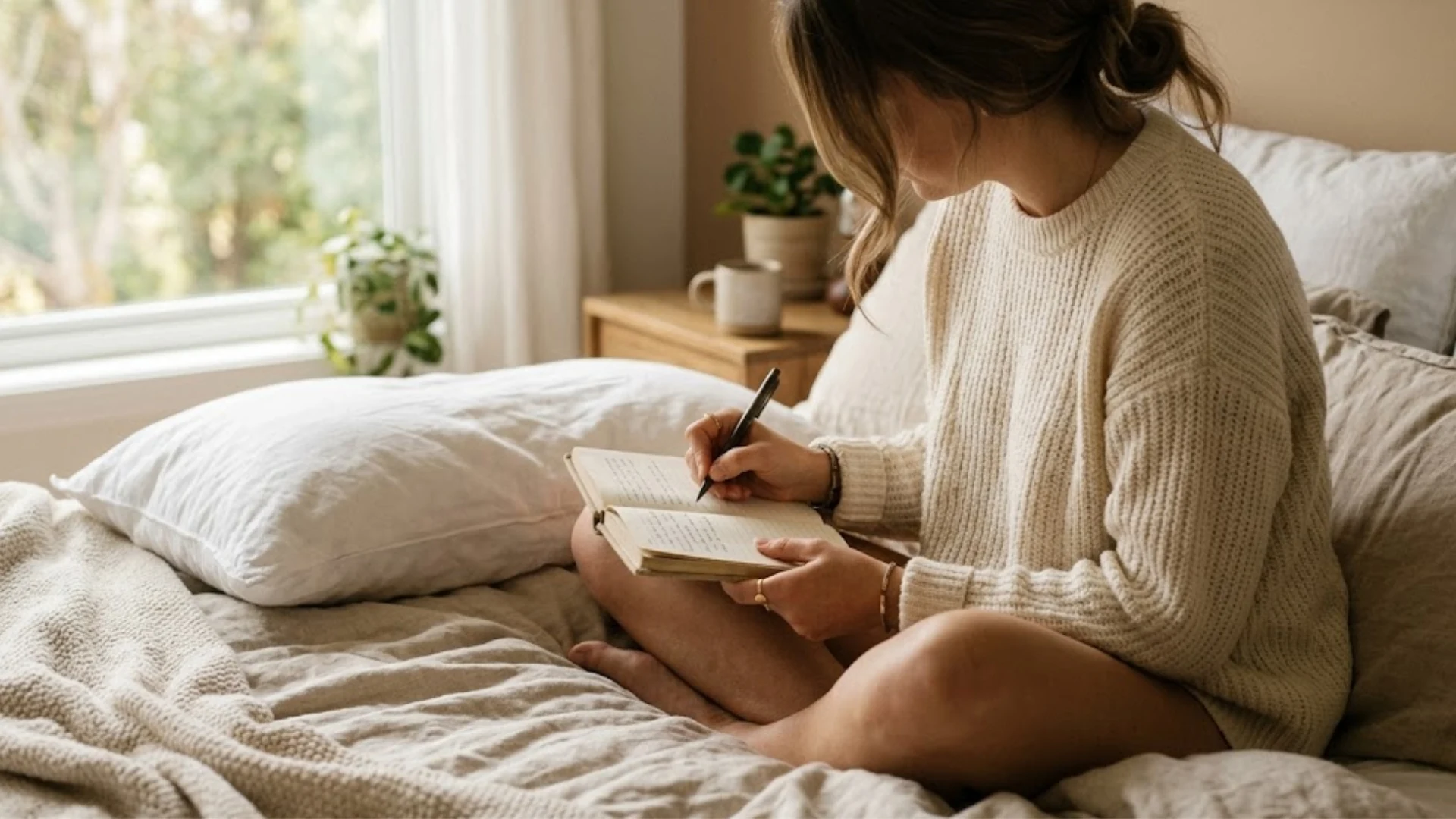 Una mujer escribe en su cuaderno junto a una ventana